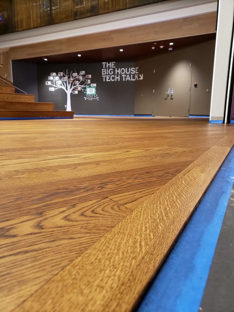 1 Wood Floors  Commercial dustless hardwood refinishing floor detail at Ann Arbor Tech HQ. Pallmann Magic Oil Almond finish. Installed by 1 Wood Floors, Livonia, MI