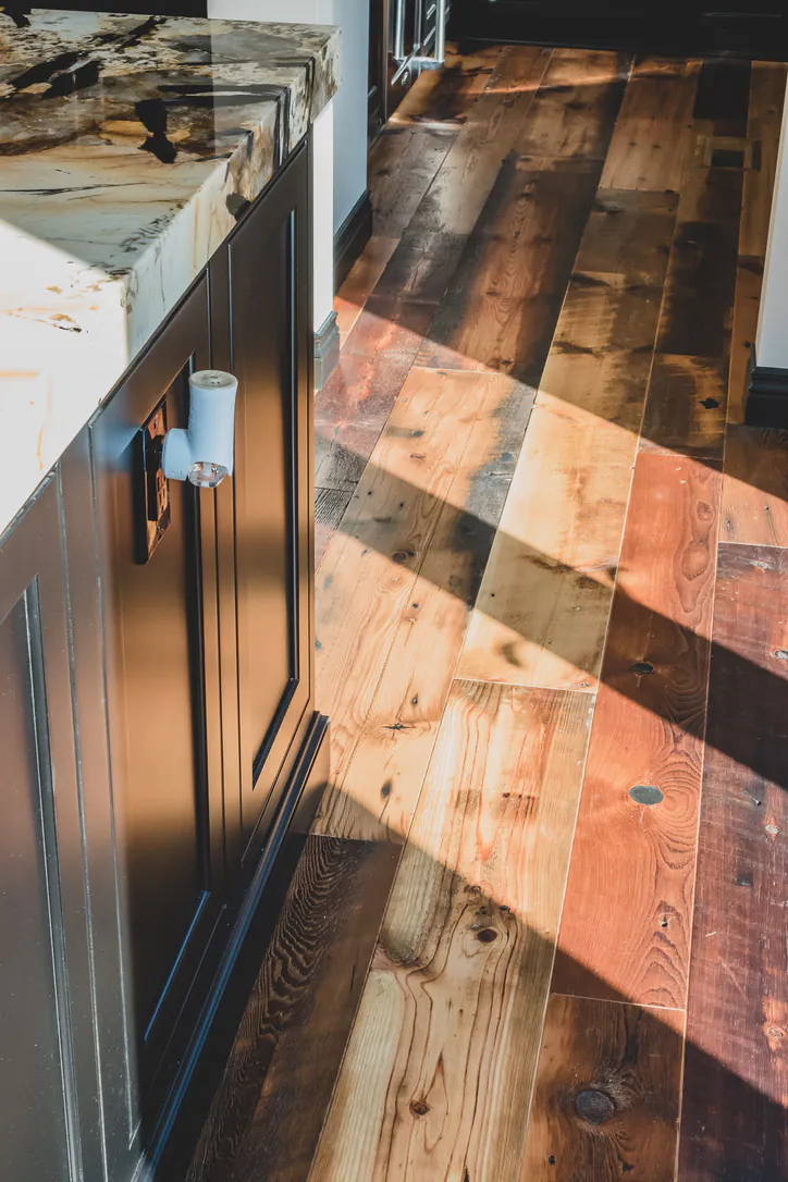 Reclaimed Tobacco Pine grain detail with original century-old saw marks in Brighton MI