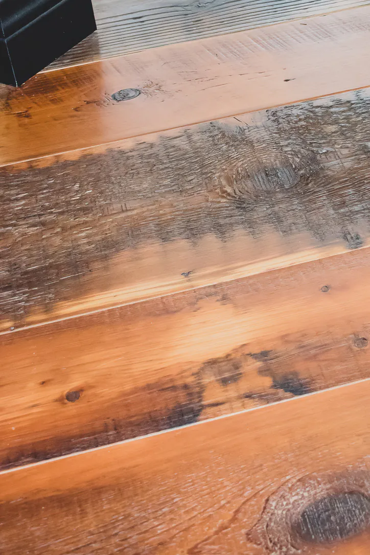 Close-up of 120-year-old Tobacco Pine showing original patina and character in Brighton MI