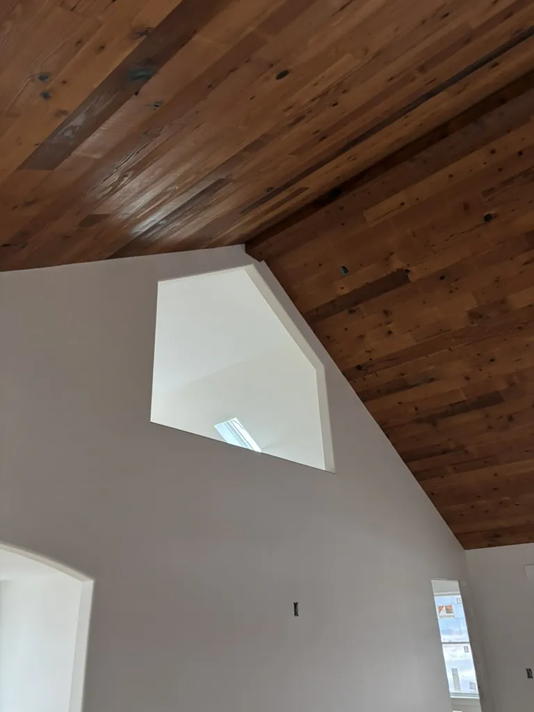 1 Wood Floors  Reclaimed Douglas Fir thermally modified ceiling detail. Lexington, Michigan. Installed by 1 Wood Floors, Livonia, MI