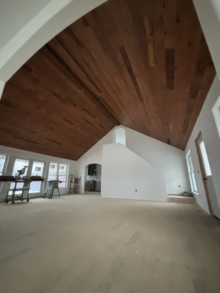 1 Wood Floors  Reclaimed Douglas Fir thermally modified 8-inch wide plank ceiling. Lexington, Michigan. Installed by 1 Wood Floors, Livonia, MI